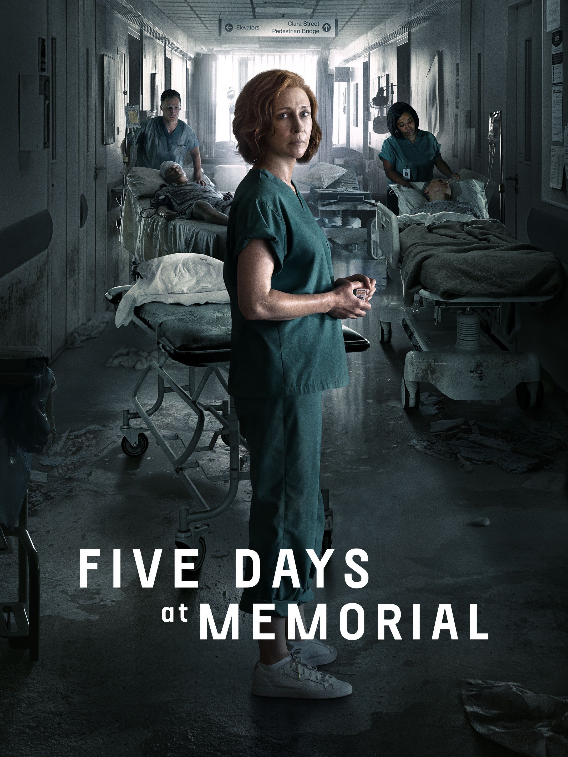 the cover of five days at memorial shows a white doctor looking at the camera while people attend to gurneys in the background