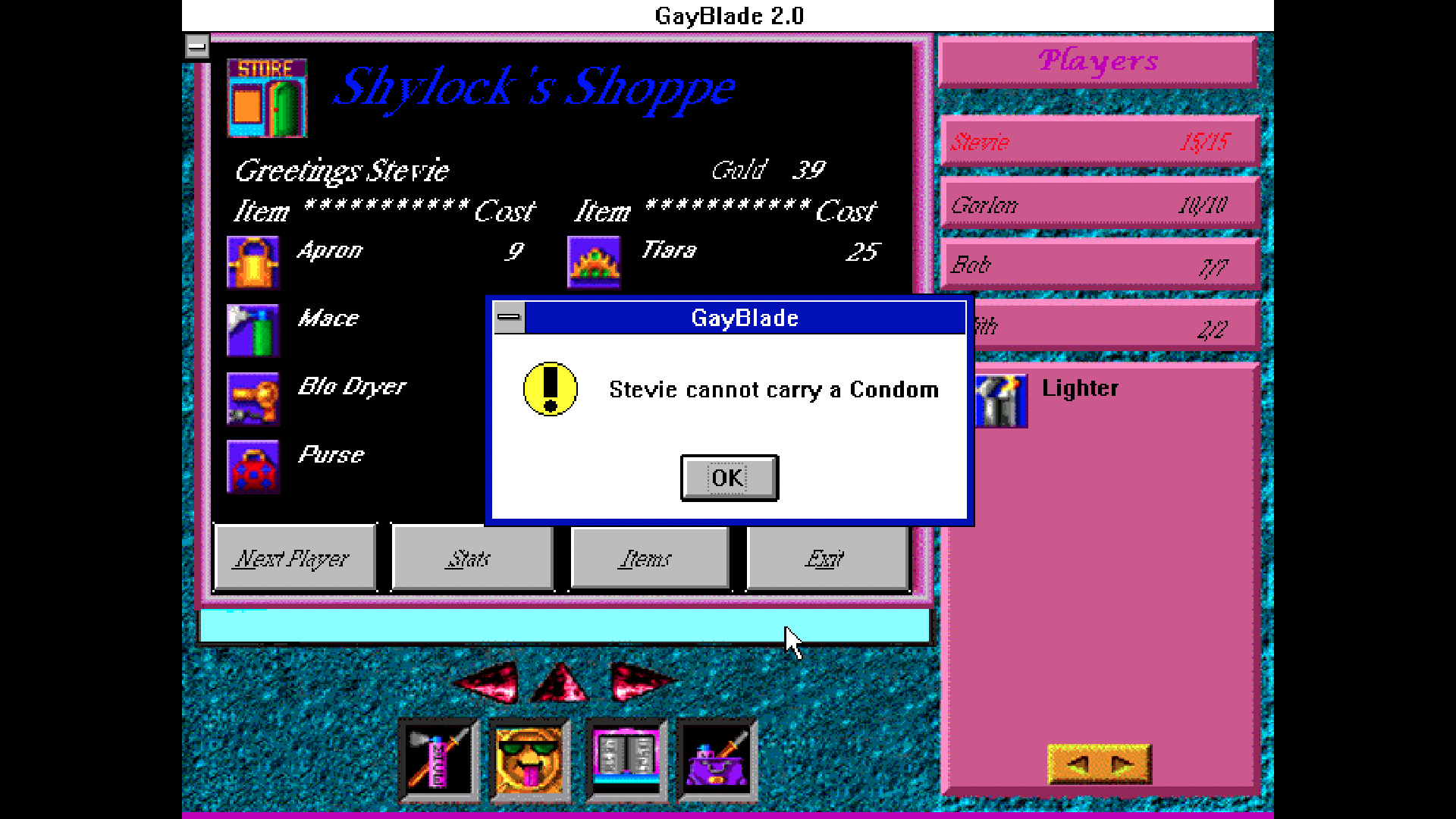A black pixelated black screen of the video game GayBlade that says "Stevie Cannot Carry a Condom," it also has colors of turquoise blue and pink