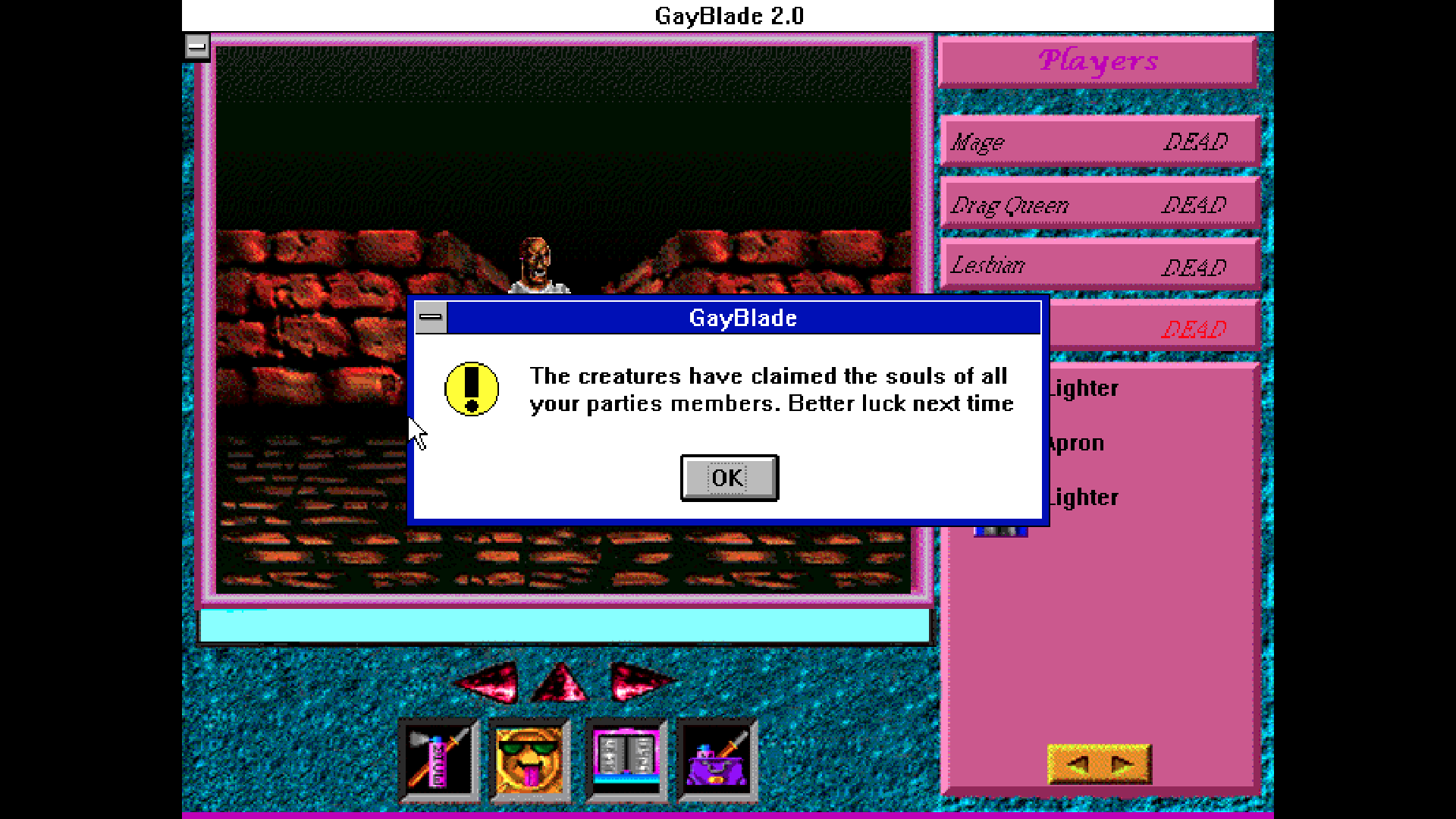 A black pixelated black screen of the video game GayBlade that says "the creatures have claimed the souls of all your parties members. Better luck next time," it also has colors of turquoise blue and pink