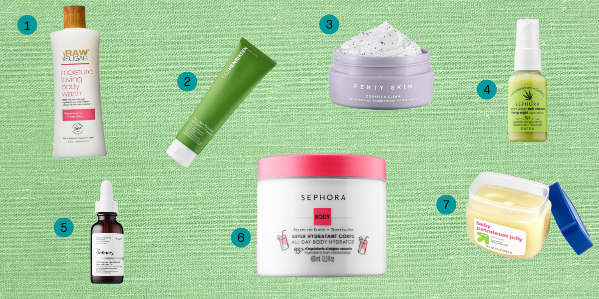 A collage of skincare products on a textured green background