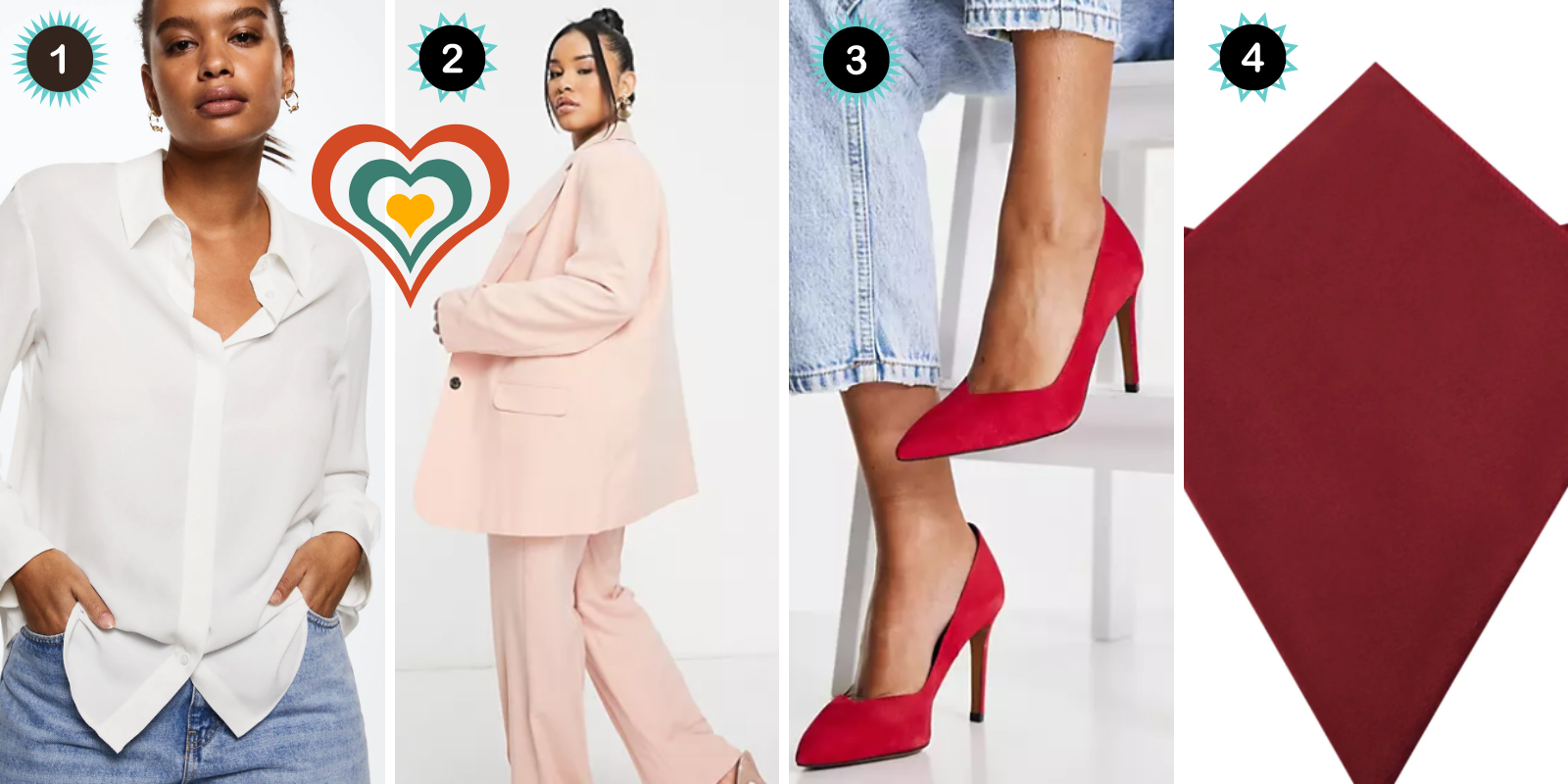 Photo 1: A white buttondown. Photo 2: A suit in pale pink. Photo 3: A pair of red pumps. Photo 4: A dark red pocket square.