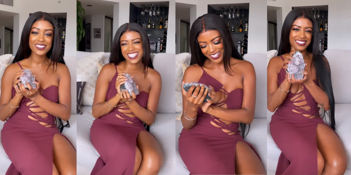 Four photos collaged together of Javicia Leslie in a burgundy dress holding up a crystal as if it is an awards trophy.