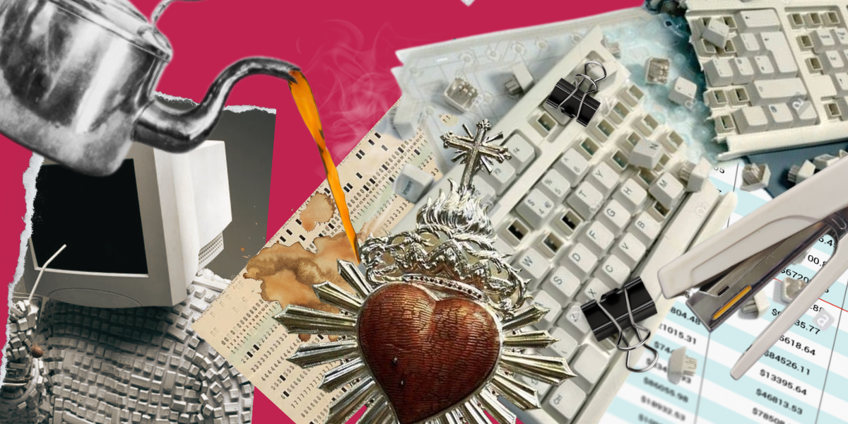 a collage in tones of red, black and beige with office supplies, a broken keyboard, a person wearing a shirt made of computer keyboard keys sipping a straw from a cup full of them with a monitor for a head, a hot pot of coffee pouring down onto old school computer programming paper and leaving a stain, a catholic Mary's heart, a stapler, and a nightmarish looking excel spreadsheet