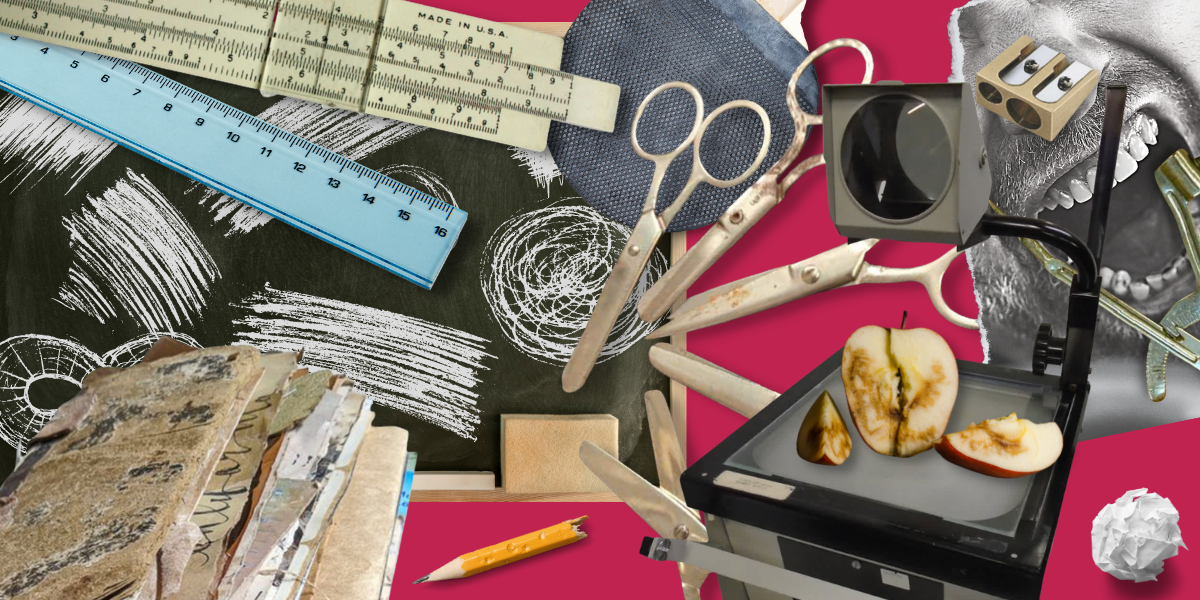 a collage on a bright red background. the collage has a rotting, sliced apple on it, an old-fashioned classroom transparency projector, rusting scissors, a chewed pencil, a pile of old files, scribbles on a chalk board, a ruler, and the screaming face of a white man in black and white