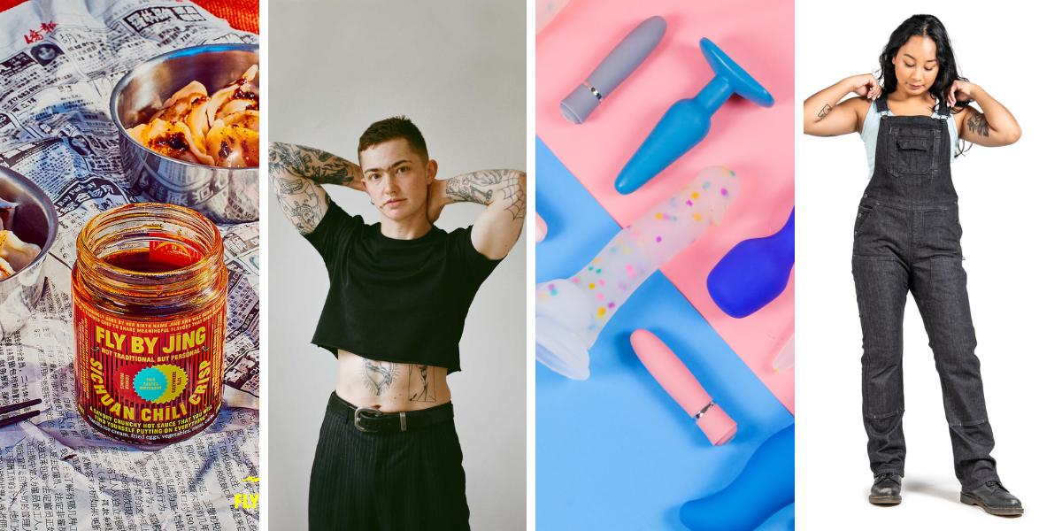 a graphic blending a product photo of sauce by Fly By Jing, a top by Both& Apparel worn by a model, a display of sex toys from Babeland and a pair of overalls worn by a model for Dovetail Workwear