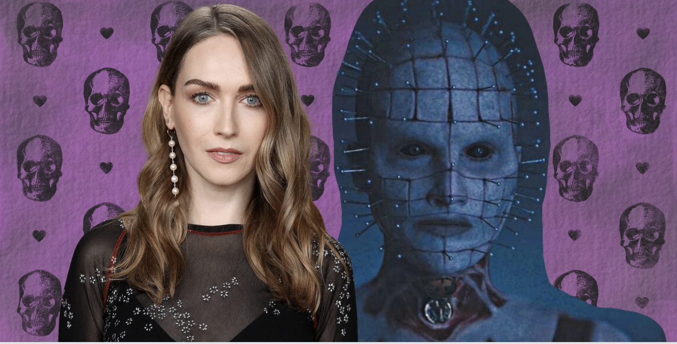 a collage with a purple skull and heart background, a photo of jamie clayton on the left, and a cut-out of the first look at jamie clayton's pinhead on the right