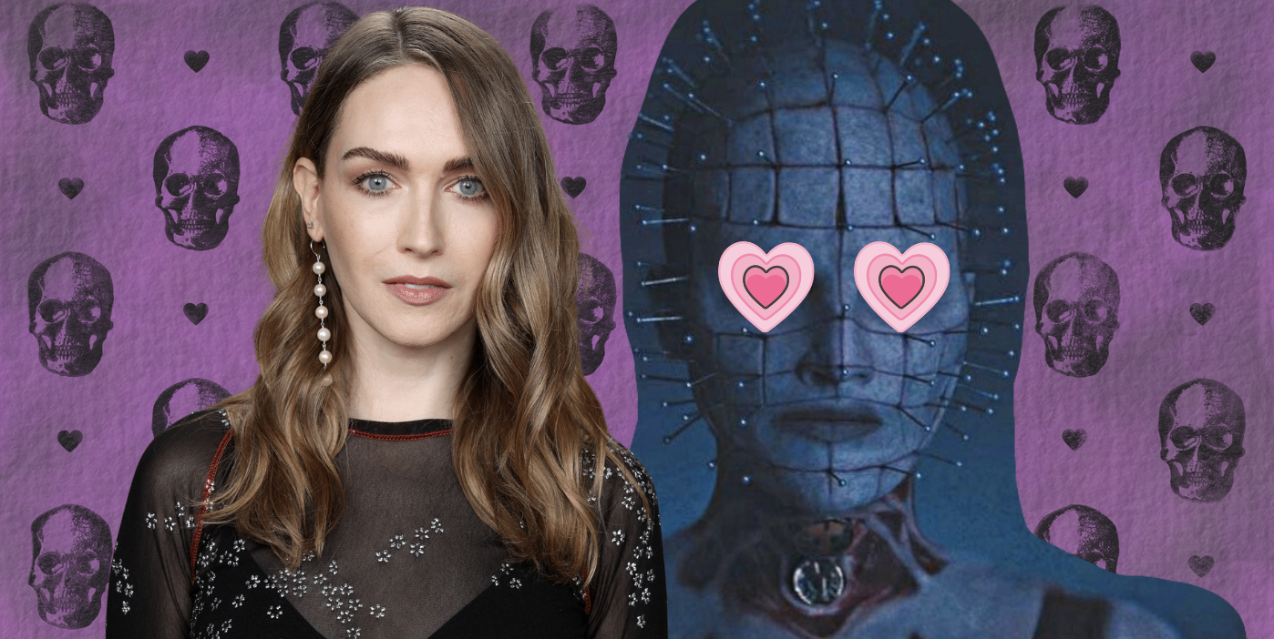 a collage with a purple skull and heart background, a photo of jamie clayton on the left, and a cut-out of the first look at jamie clayton's pinhead on the right, now with clip art pink hearts over pinhead's eyes