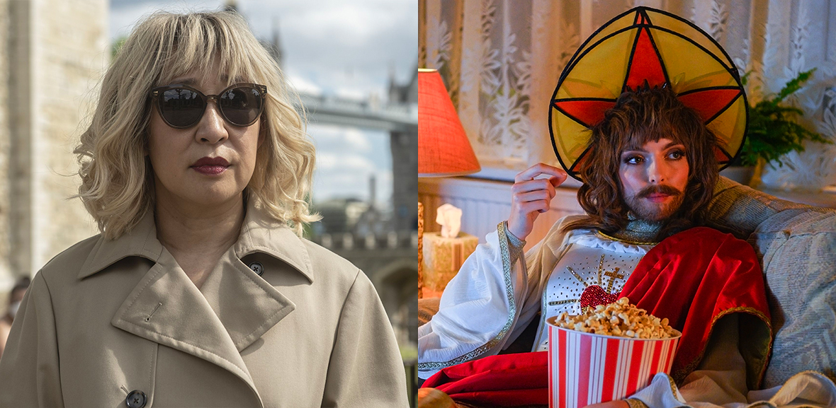Eve in a wig, trench coat and sunglasses; Villanalle dressed as Jesus.