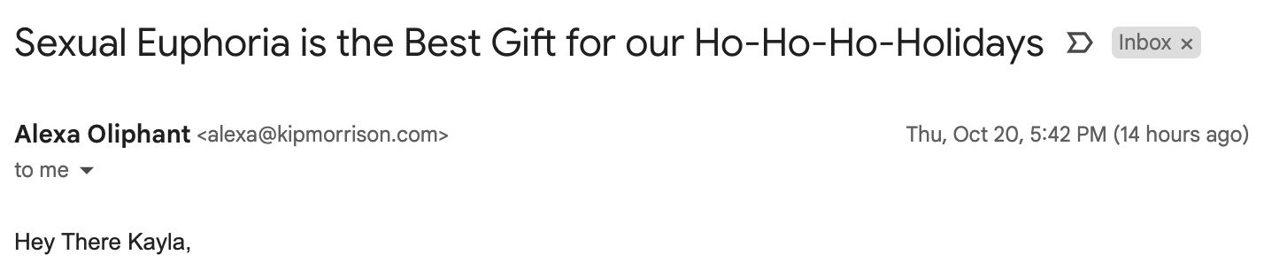 Just a subject line for an email addressed to Kayla that reads "Sexual Euphoria is the Best Gift for our Ho-Ho-Ho-Holidays"