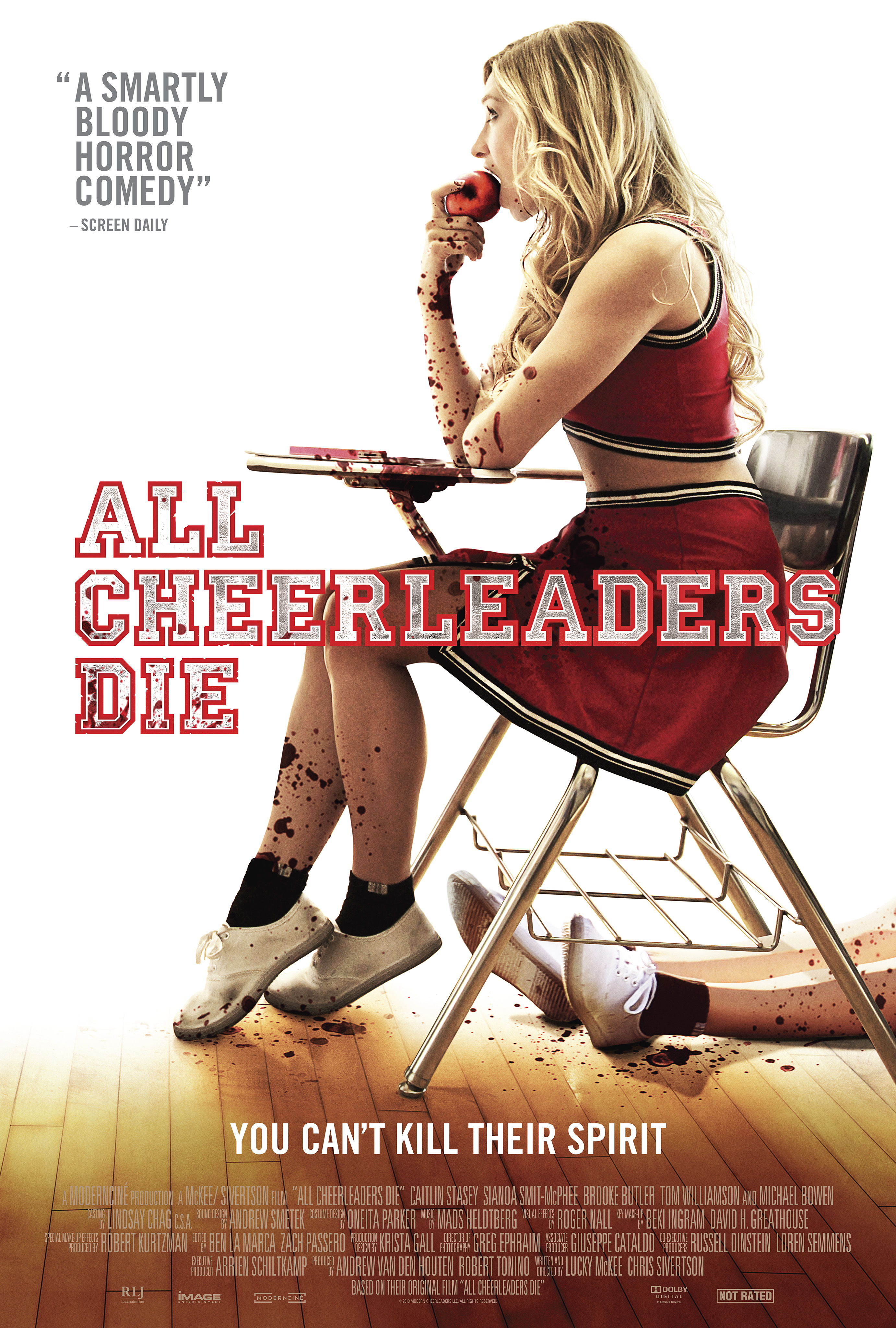 cover of all cheerleaders die showing a cheerleader sitting in a school desk, dirt and blood on her arms and legs, a pair of sneakered legs lying on the ground behind her