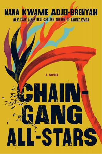 a pick-axe shatters the mustard yellow background of this cover, releasing a collage of multi colored flames