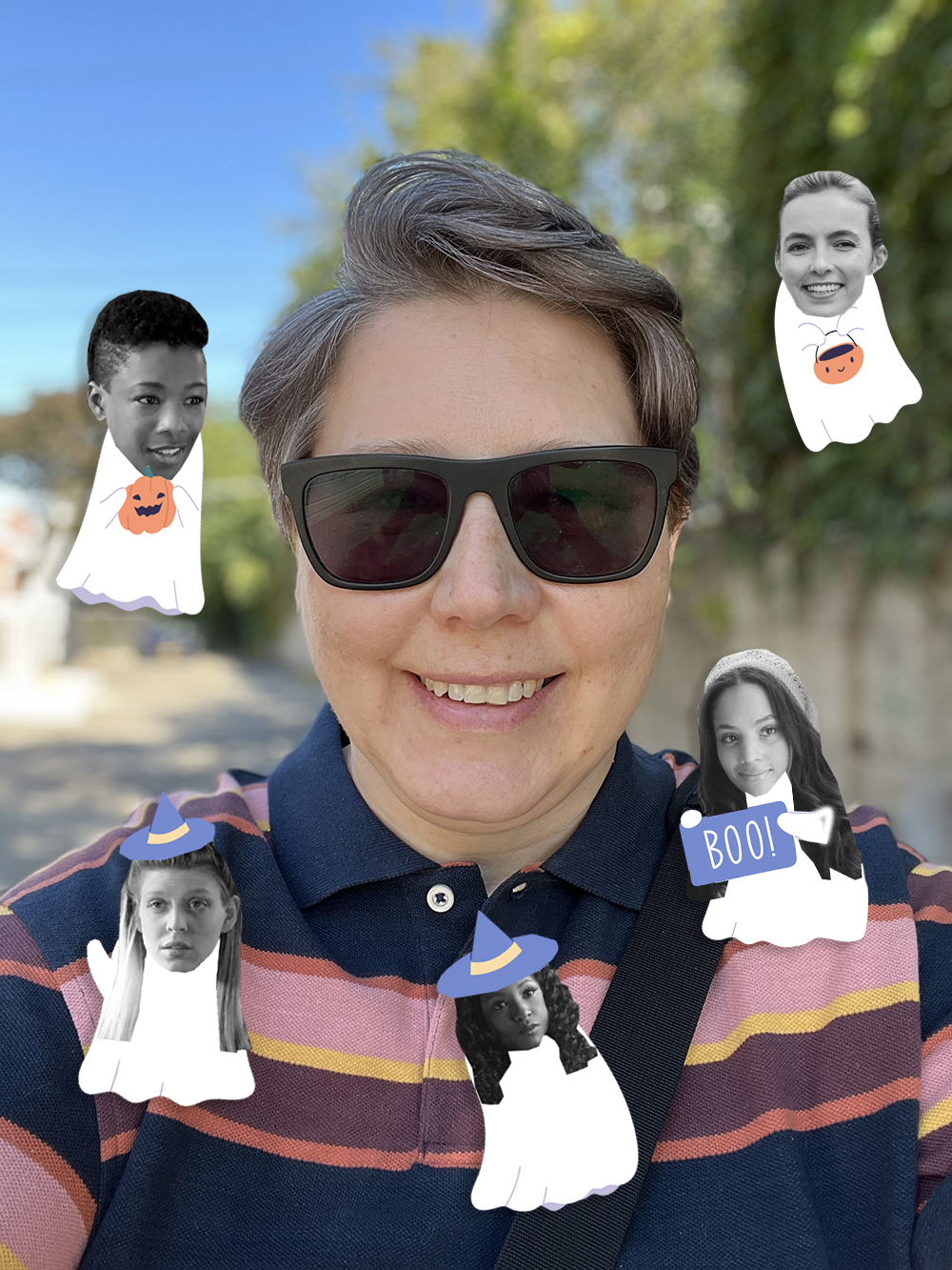 Heather, a soft butch white woman, is surrounded by the ghosts of dead queer characters in this sad but also cutesy collage
