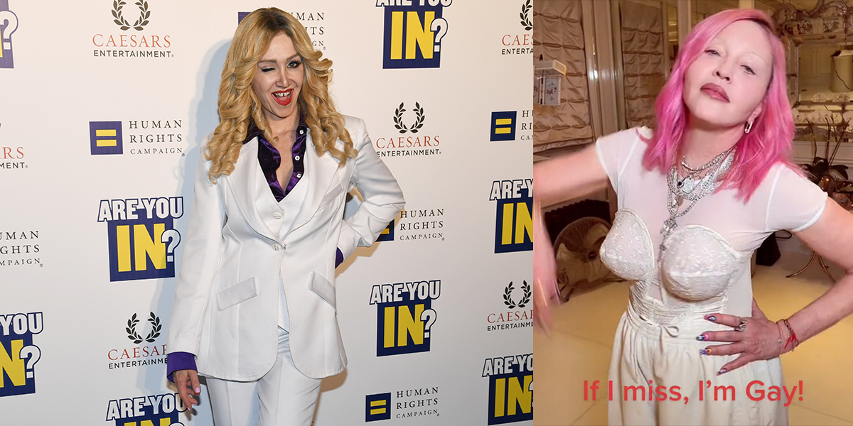 Madonna in a white suit on the red carpet / Madonna with pink hair standing in her bathroom with a caption that reads 
