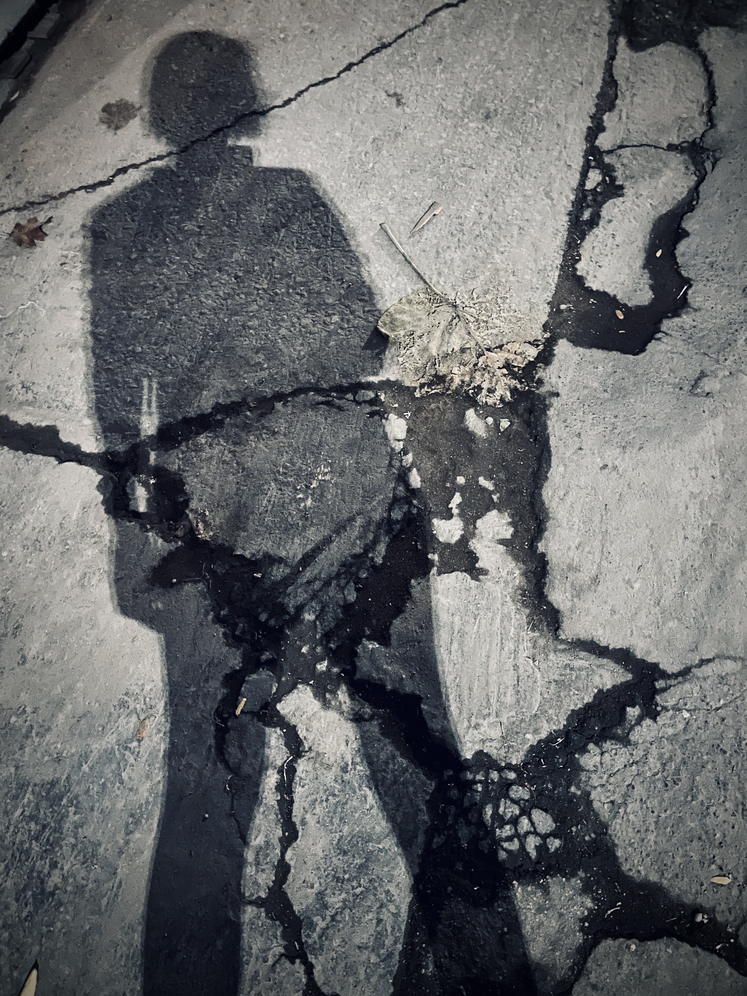 Meg casts a shadow upon the asphalt in her shape