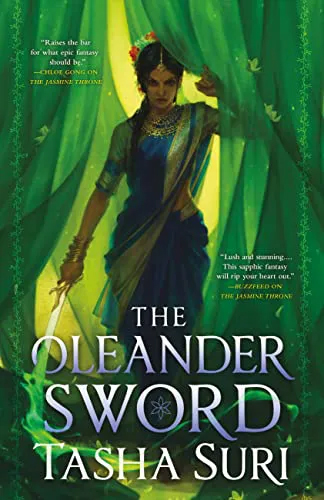 a character in a sari with a sword pushing aside a green curtain