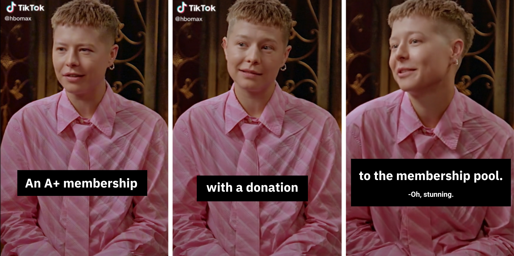 a meme of Emma D'Arcy saying their famous "negroni spagliato" line, except the words have been replaced with "An A+ membership, with a donation, to the membership pool." We kept their co-star's reaction "oh, stunning"