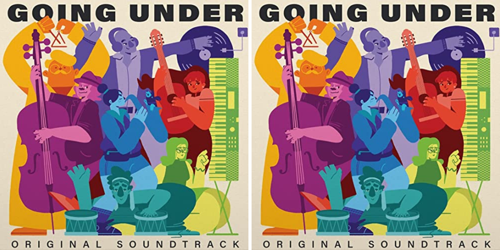 Side by side album covers of Going Under OST by feasley, which shows an illustration of a jazz band in multiple bright colors