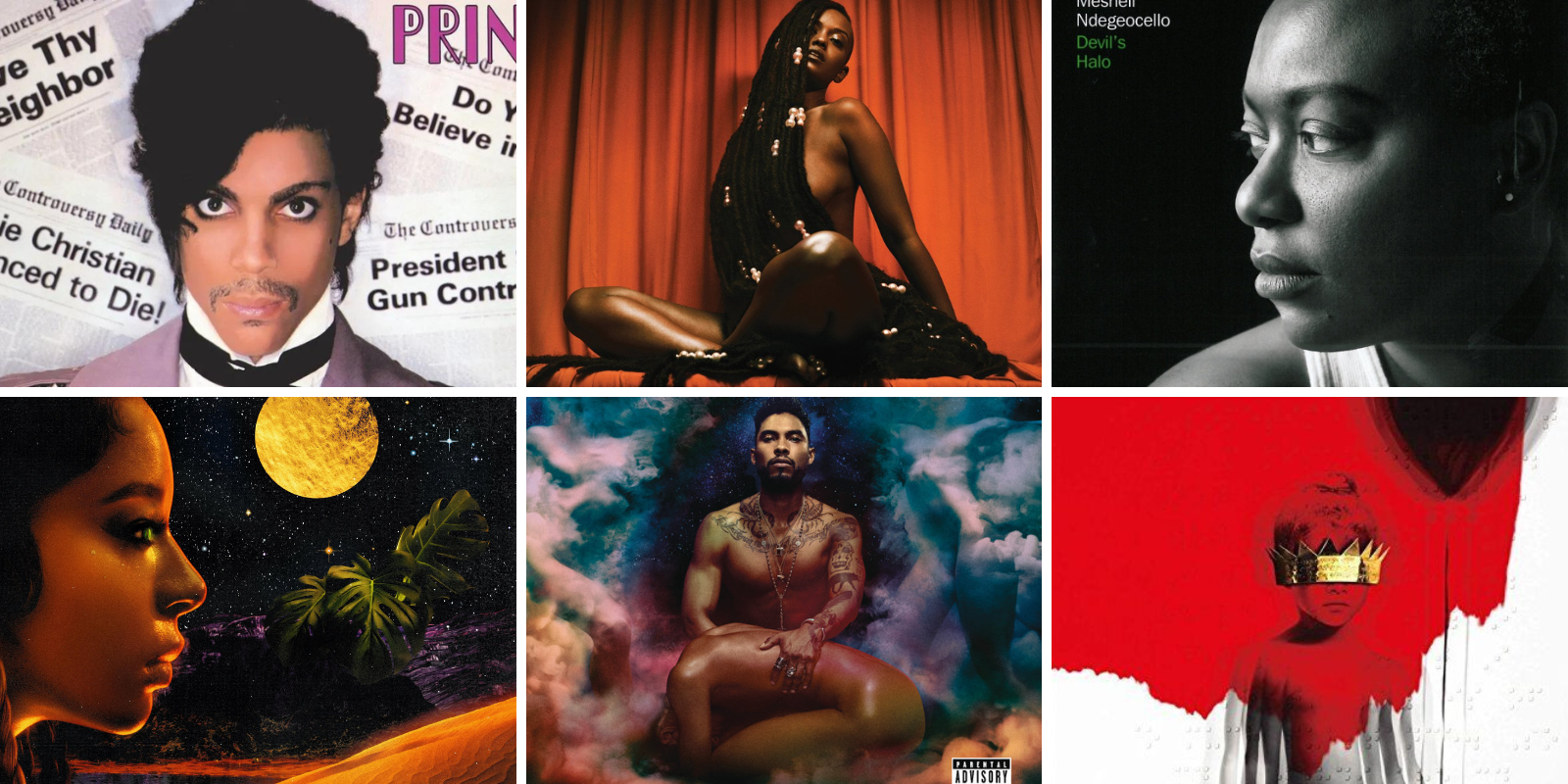 A collage that features the following album covers. Top, left to right: Prince 