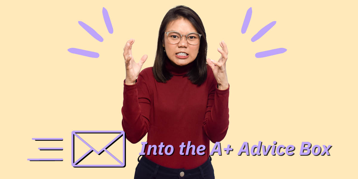 an angry woman in glasses and a red sweater raises her hands as though to clench them and grinds her teeth. There are lavender expressive marks around her to emphasize her frustration and the text reads 