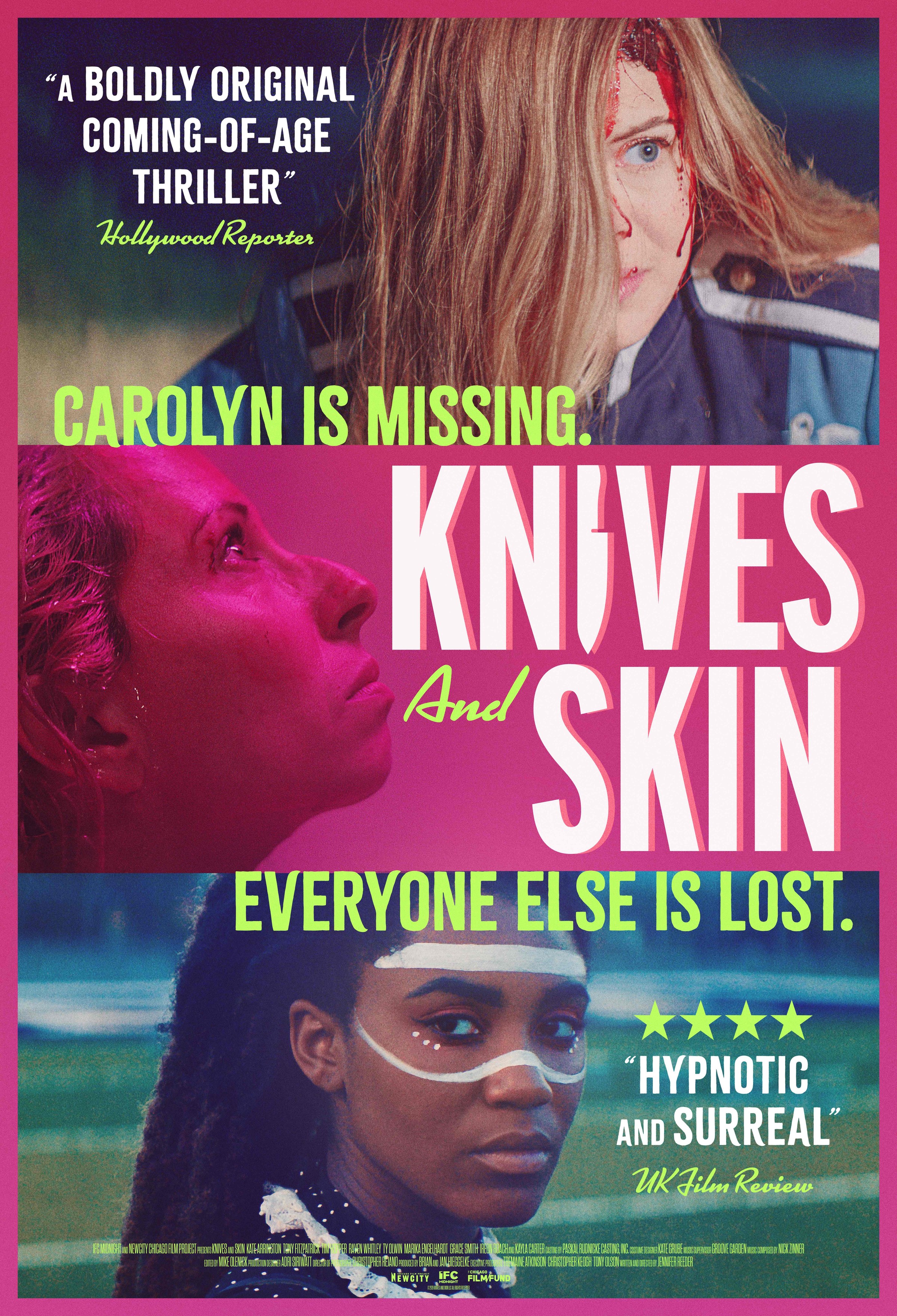 the cover of knives and skin featuring three girls and the tagline "caroline is missing. everyone else is lost."