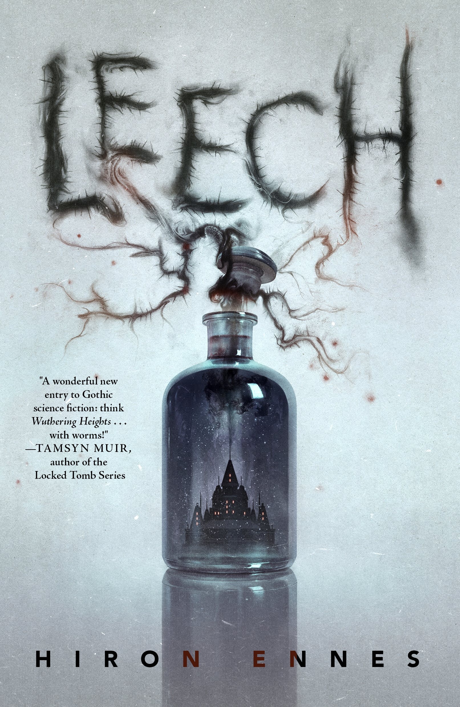 the cover of leech by hiron ennes showing a bottle with a city in it and toxic threads of some moldy looking substance coming out of the top of the bottle