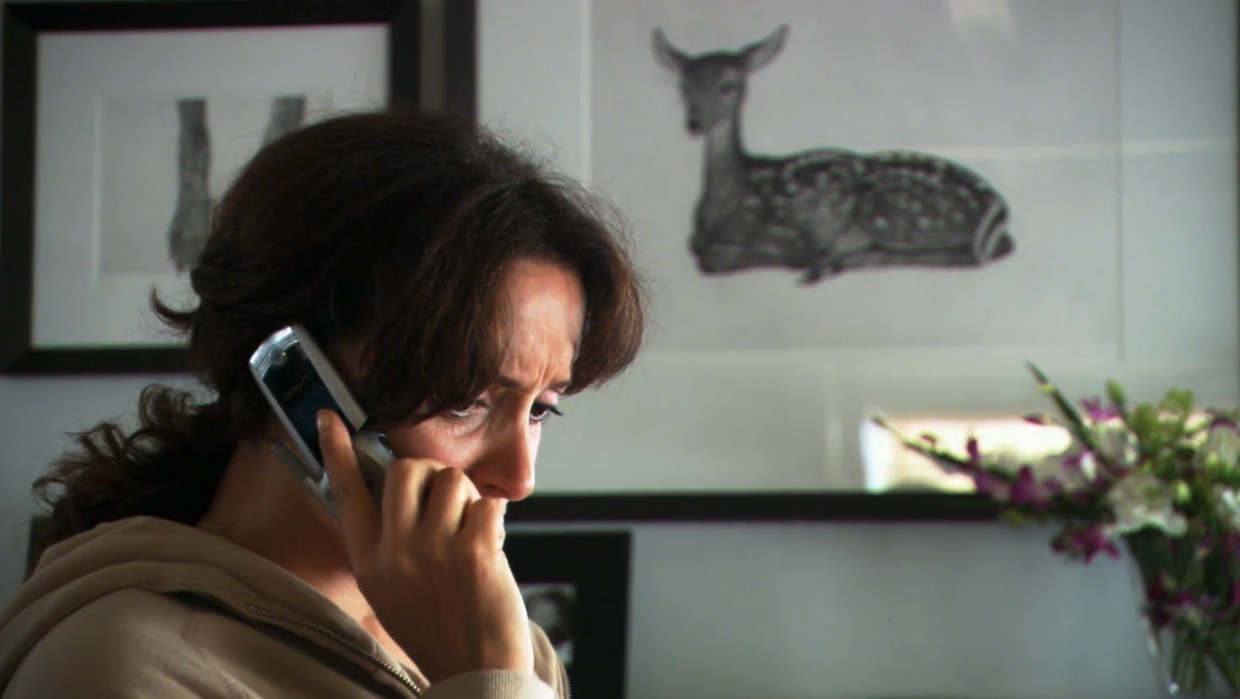 Bette on the phone in front of her deer picture