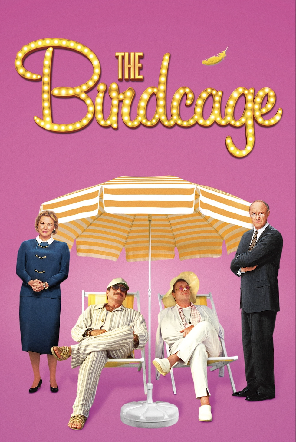 the cover of the birdcage featuring two gay men lounging in sun chairs under an umbrella
