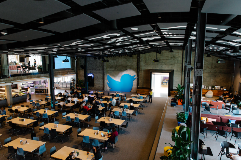 a recent photo of twitter HQ showing a good number of empty desks