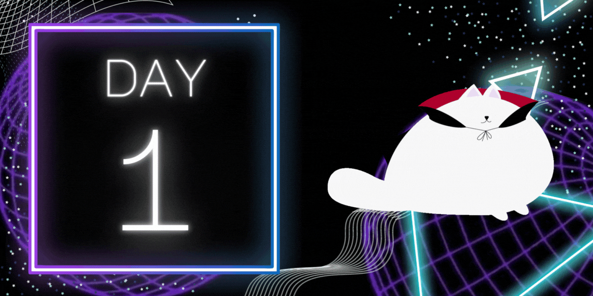 a background of black and cyber spacey designs gives way to glowing font that reads "Day 1" there is a gif of a cartoon cat dressed as a vampire to the right, indicating the theme of day 1 of the discord, which is all about kayla's book club and her horror book!