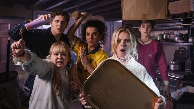 cast of Derry Girls in the kitchen