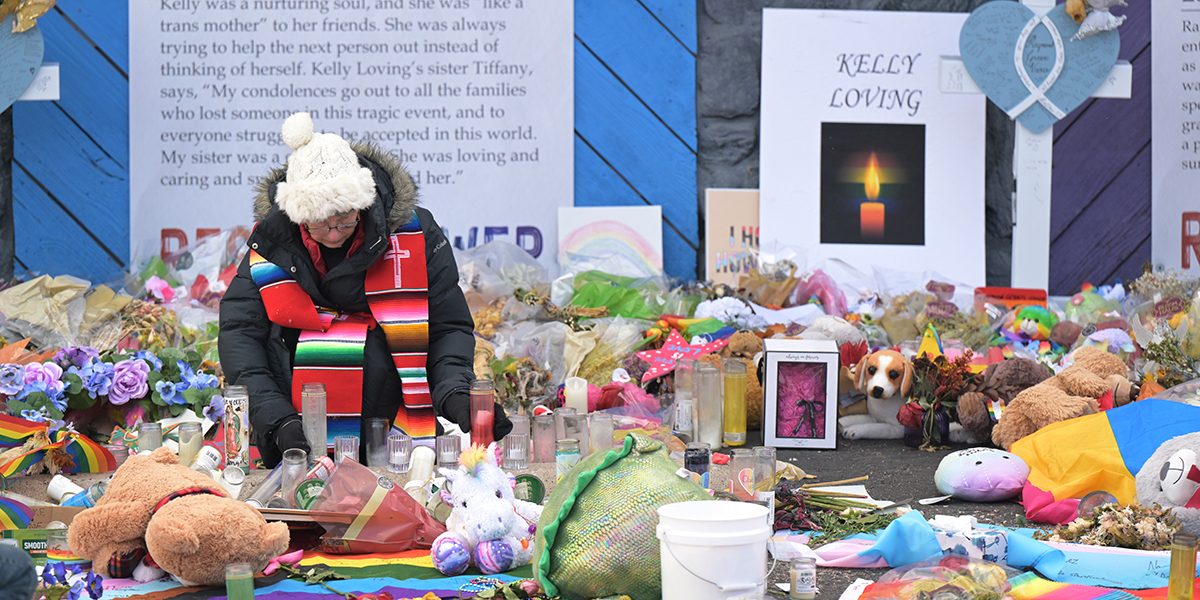 COLORADO SPRINGS, CO - NOVEMBER 29 : Rev. Jennifer Williamson fix candles at the memorial for the victims of the Club Q shooting in Colorado Springs, Colorado on Tuesday, November 29, 2022. (Photo by Hyoung Chang/The Denver Post)