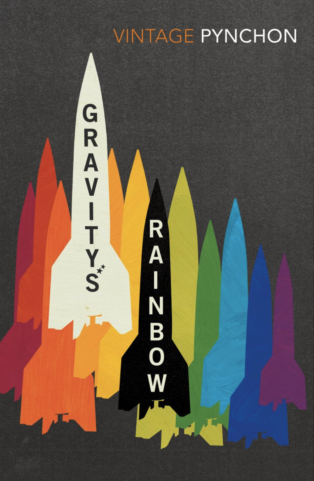 the cover of gravity's rainbow showing several rainbow sillhouettes of a rocket
