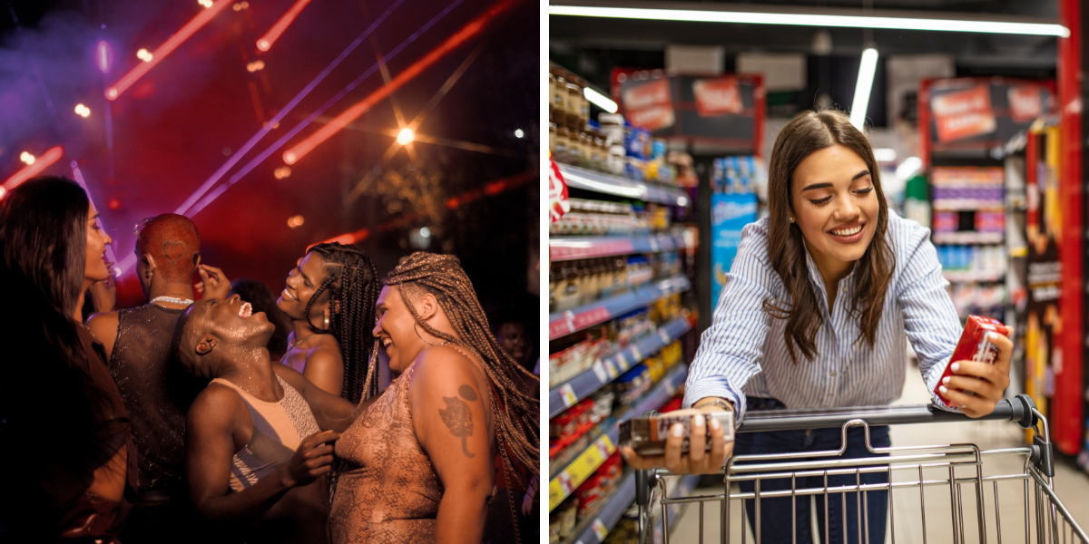 A group of people dancing at the club next to a woman in a grocery store