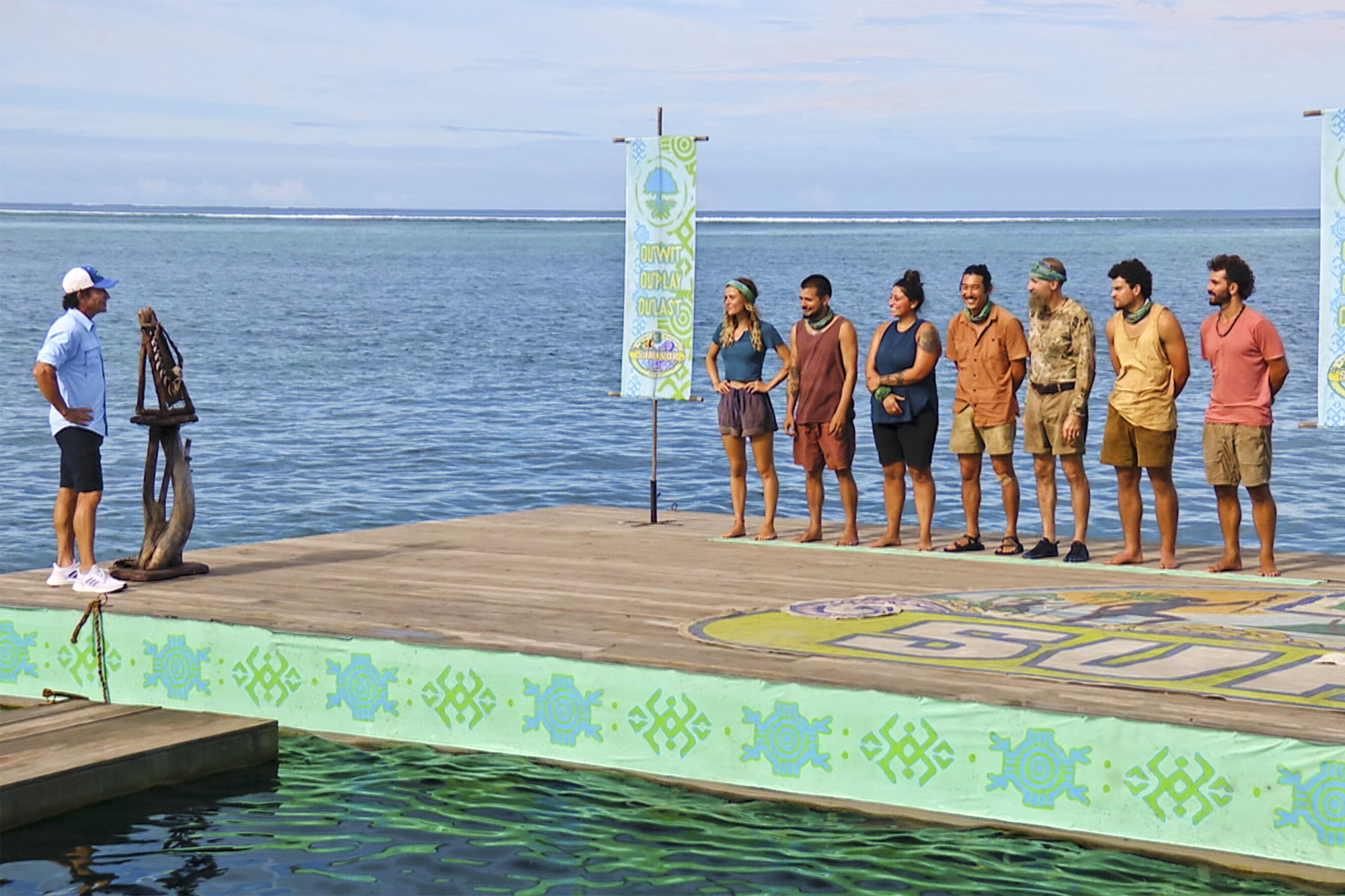 The final six contestants of Survivor season 43 on the deck with Jeff