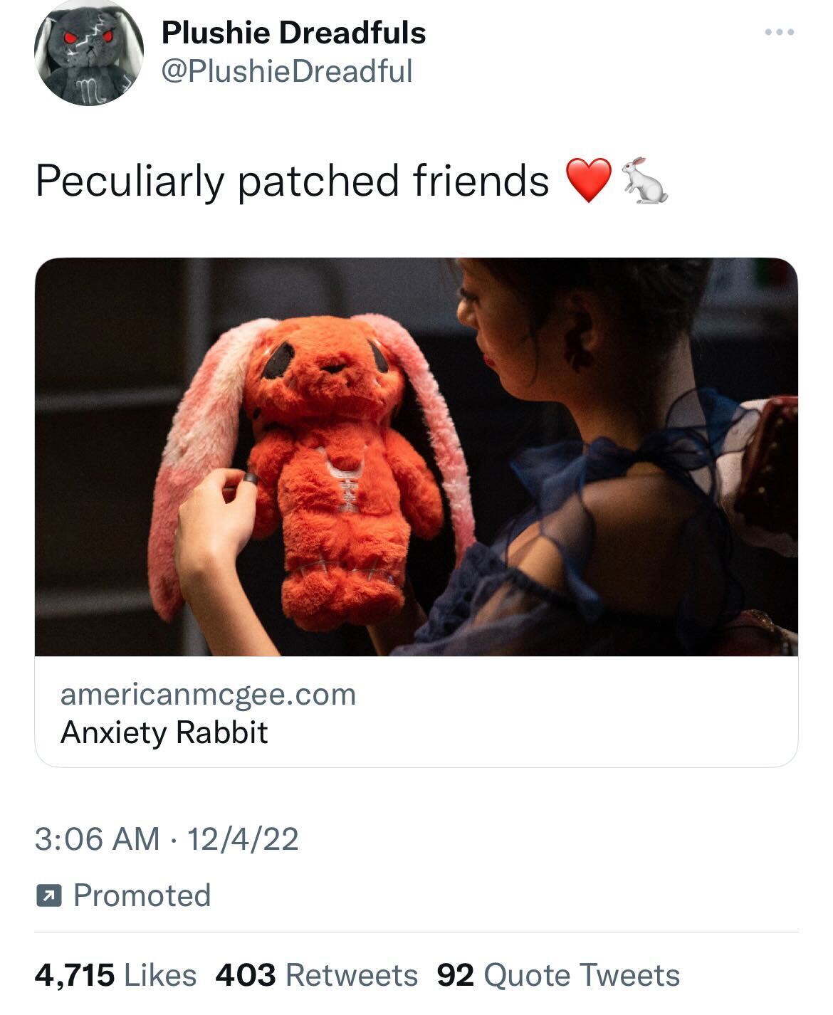 plushie dreadfuls peculiarly patched friends shows a bunny rabbit plushie with a rib cage patch. it looks sad.