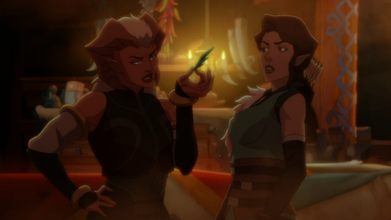 Legend of Vox Machina: Zahra examines the feather she plucked from Vex's hair
