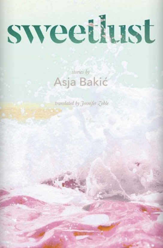 the cover of sweetlust has the title in green at the top and a photo of crashing white and pink liquid waves