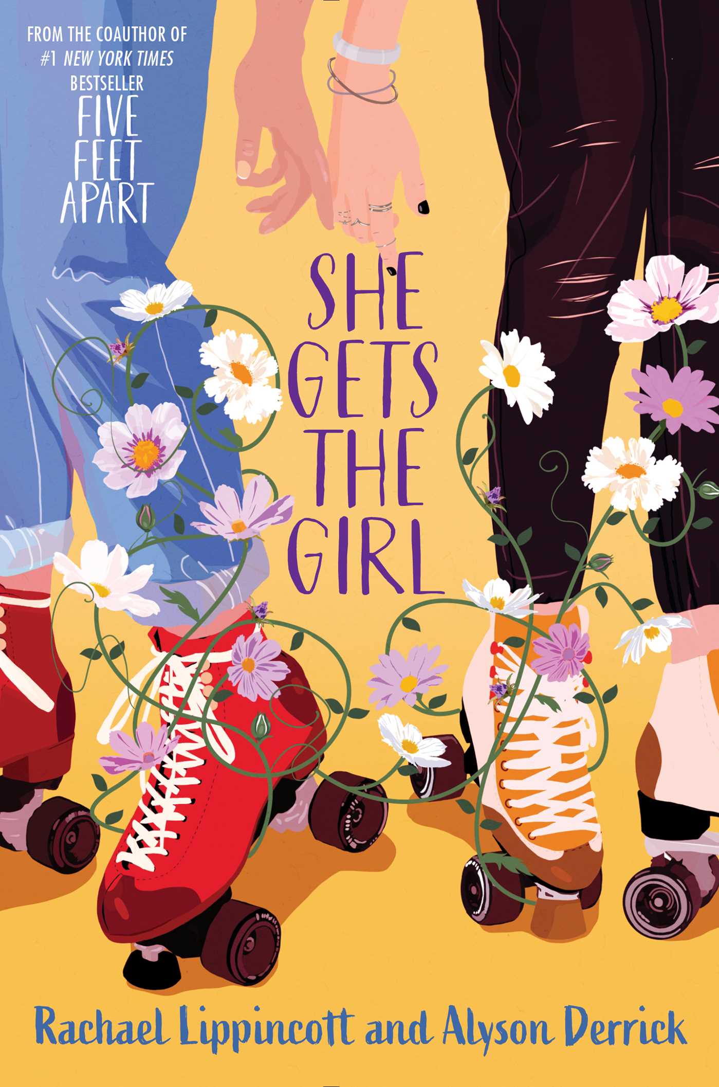 an illustration of two people wearing roller skates, hands dangling down almost touching. cover for she gets the girl