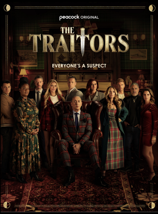 the cover of the traitors featuring a bunch of rich looking people in a dark gothic mansion type setting