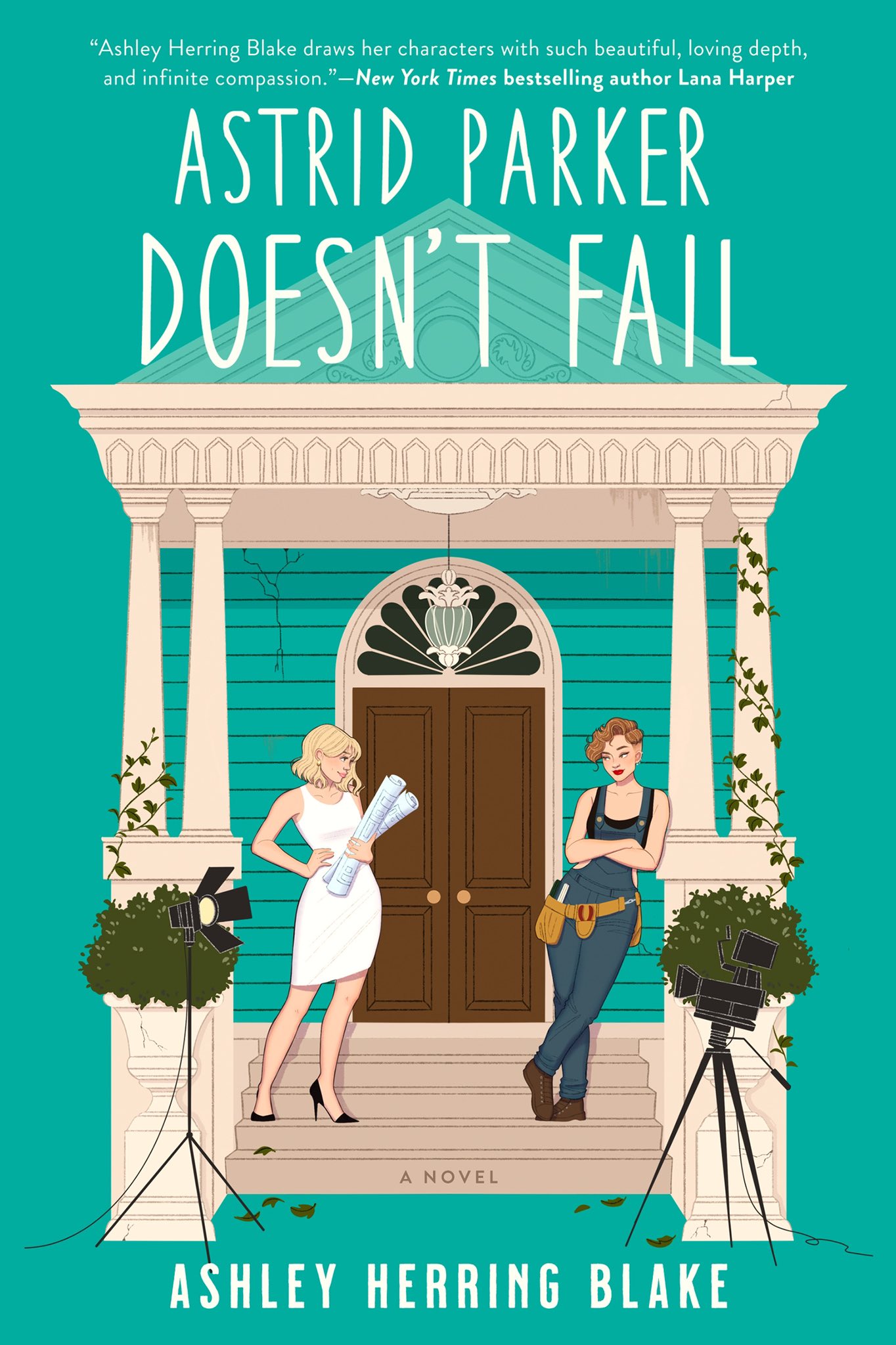 the cover of astrid parker doesn't fail has an illustration of two women on it, one in a white dress, one in work clothes with a tool belt