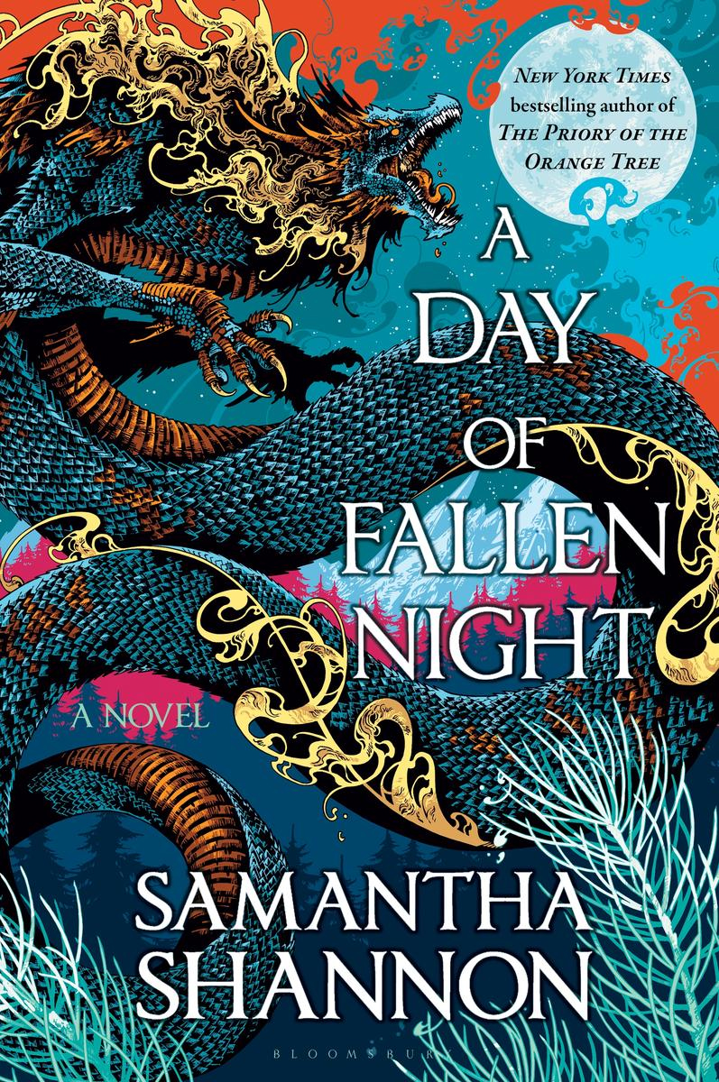 a gorgeous painting of a dragon with the text "a day of fallen night" on top