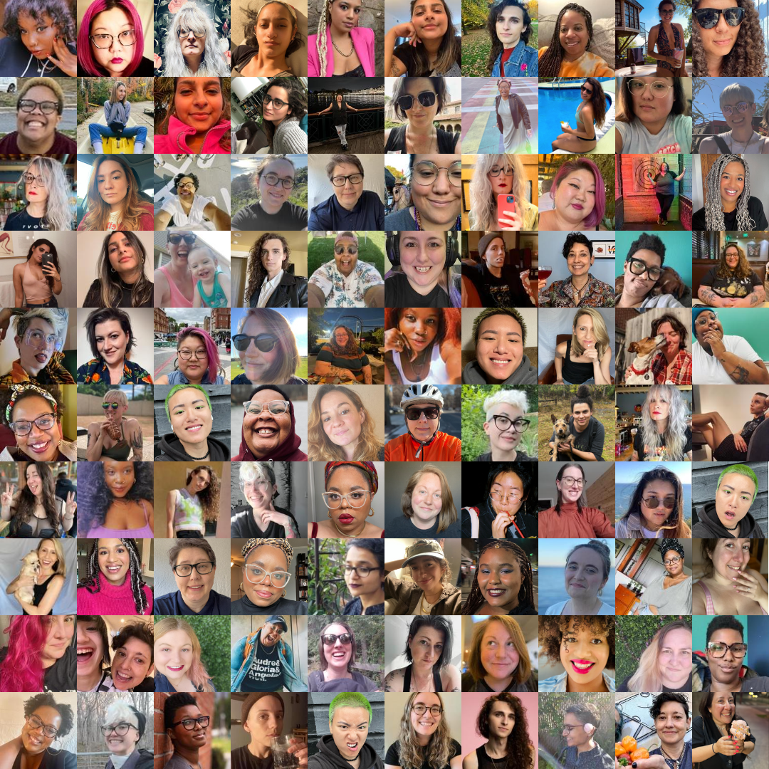 A square collage of 100 photos of Autostraddle staff and writers’ faces in a grid. Team members shown in the collage are: Riese Bernard, Carmen Phillips, Anya Richkind, Nico Hall, Kayla Kumari Upadhyaya, Heather Hogan, Viv Le, Laneia Jones, Tracy Levesque, Ro White, Shelli Nicole, Vanessa Friedman, A.Tony Jerome, Abeni Jones, Amari Gaiter, Analyssa Lopez, Ashni Mehta, Casey Stepaniuk, Christina Tucker, Dani Janae, Darcy Cooper, Drew Gregory, Em Win, Himani, Julie Gentile, KaeLyn Rich, Katie Reilly, Lily Alvarado, Meg Jones Wall, Niko Stratis, Sa’iyda Shabazz, Sally Neate, shea martin, Stef Rubino, Valerie Anne, Yash Canter.