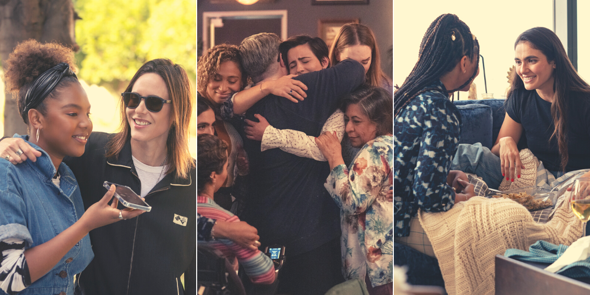 Episode 308: Shane & Angie embracing / everybody hugging at Dana's / Dani and Dre laughing on the couch