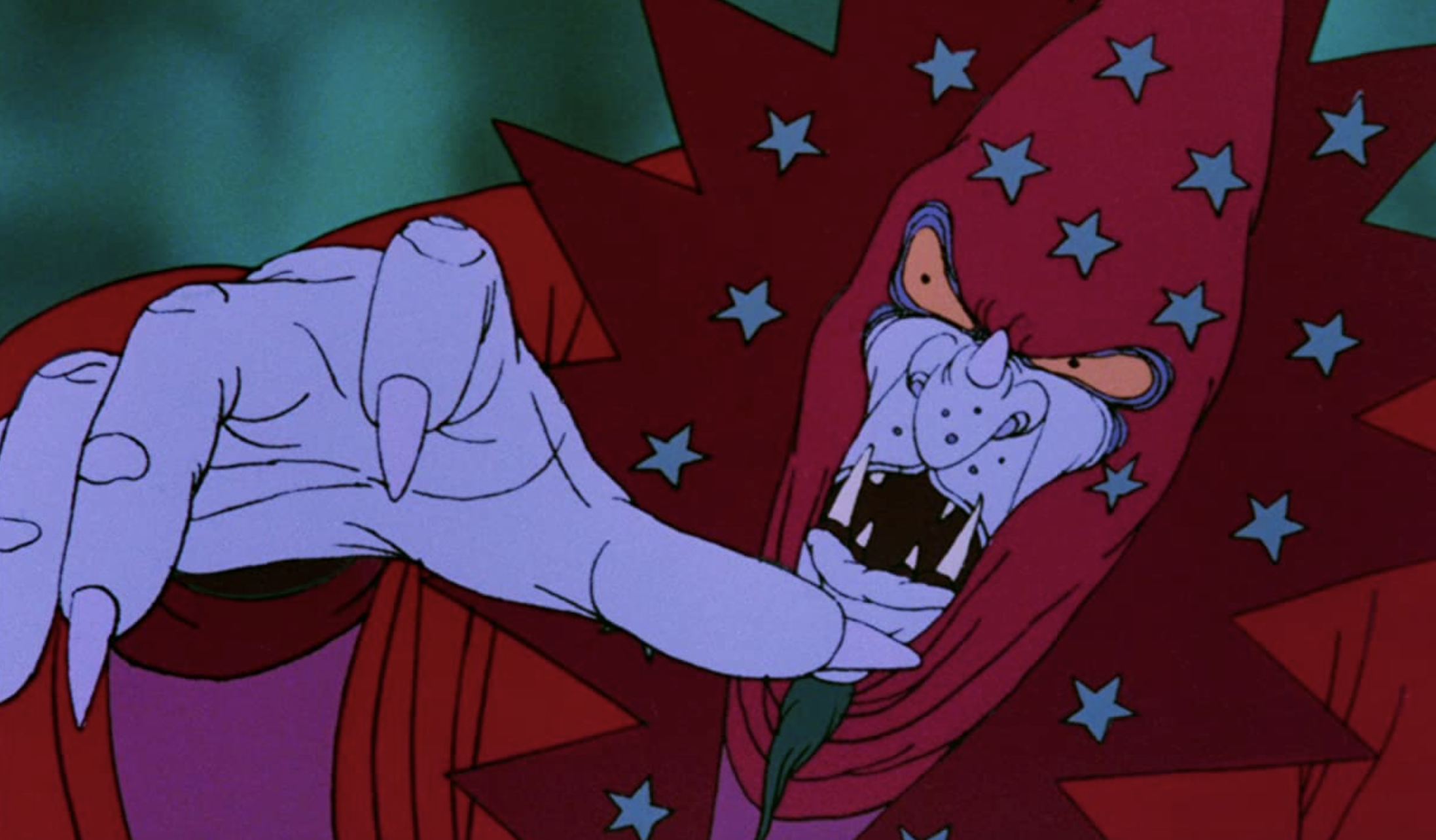 a purple wizard wearing a studded red outfit and cap reaches out toward the viewer. he has sharp nails and evil orange eyes and sharp teeth