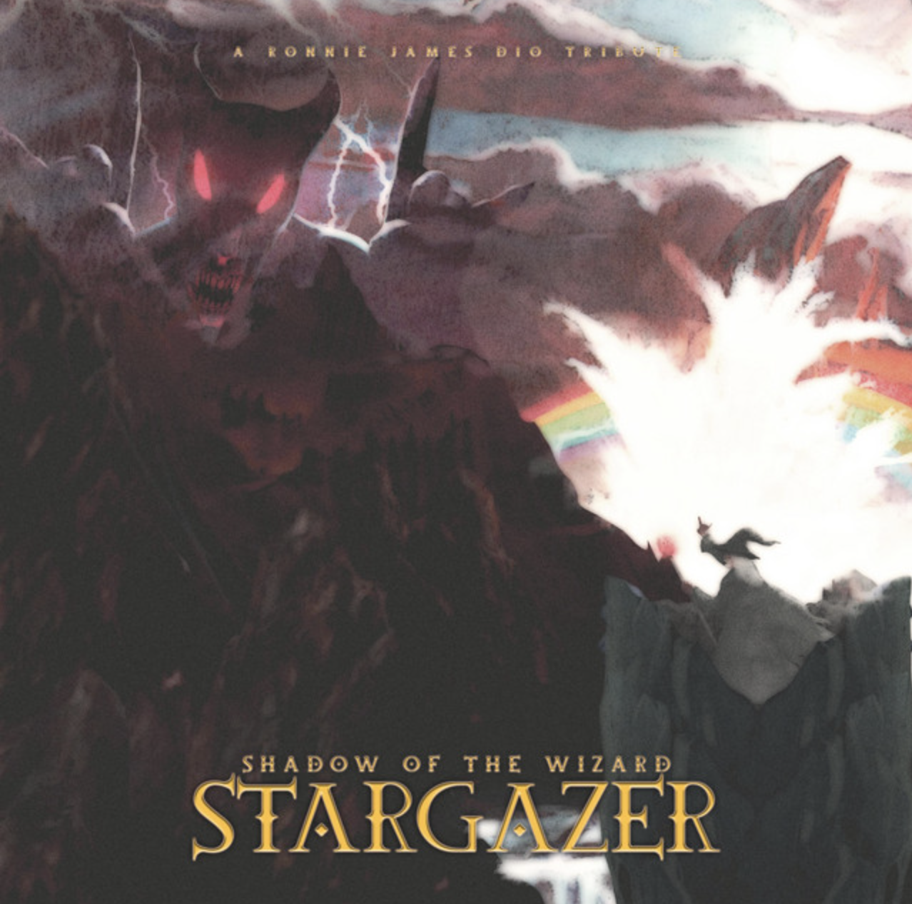 the album cover of stargazer by rainbow. it shows a wizard standing on a mountain and some blasting business behind him as well as this giant monster