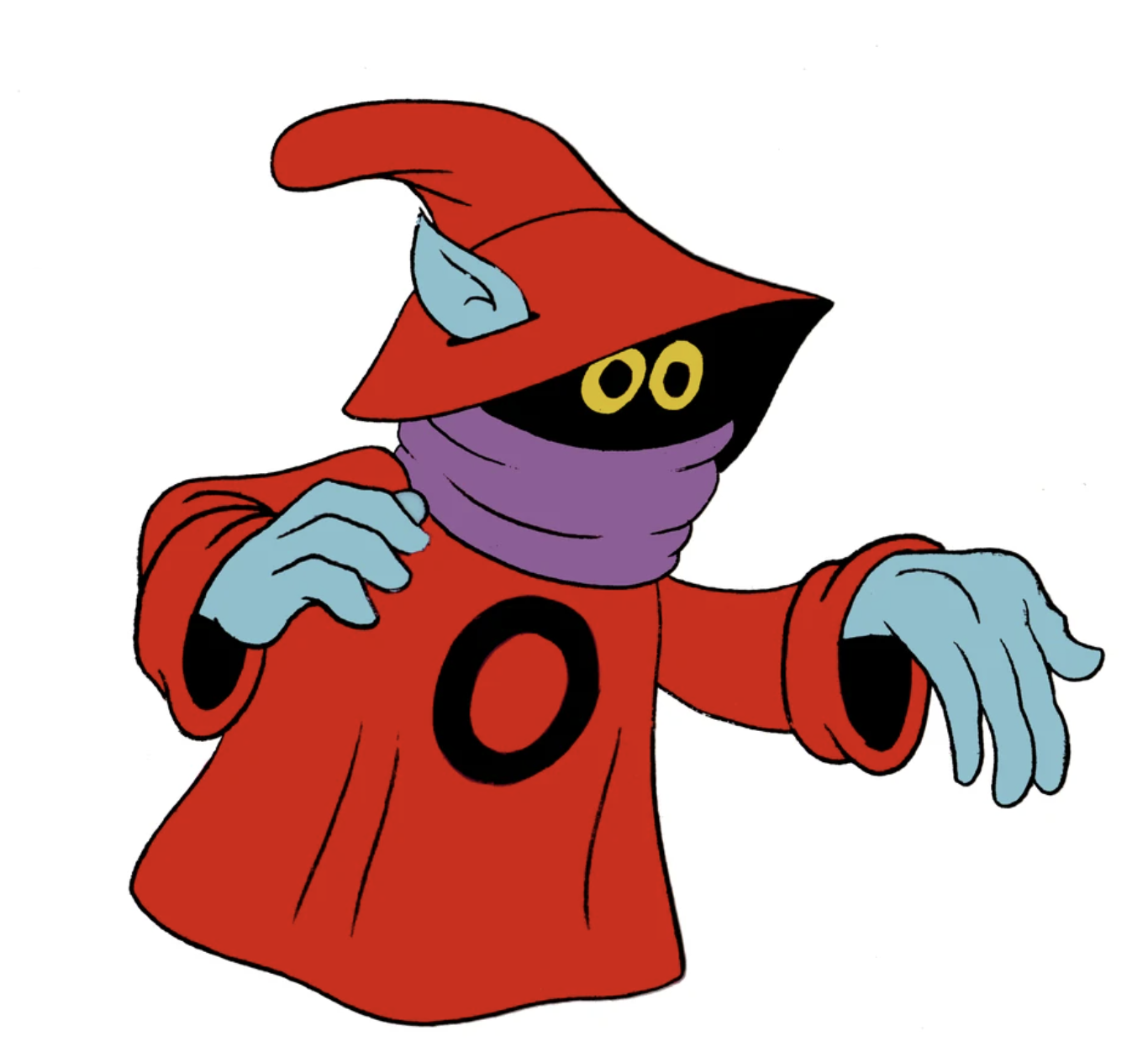 an image of Orko who wears a red hat and robe and purple scarf. his blue hands and ears are the only body parts visible and his glowing yellow eyes peer out from darkness
