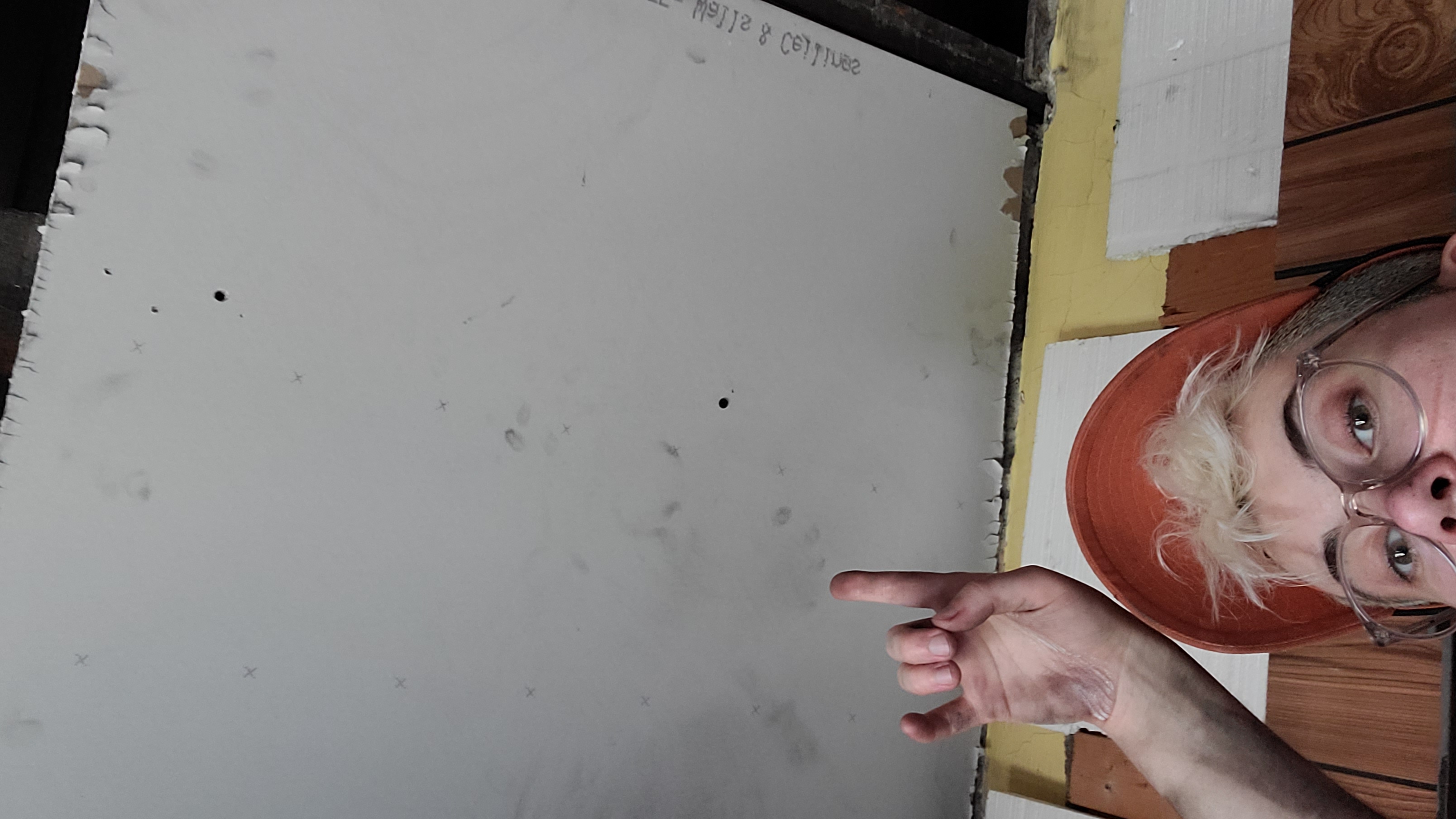 a photo that is mostly of some newly installed drywall on a ceiling with nico, a white genderqueer human partially visible at the bottom, lifting up one dirty hand and giving the horns with it and peering at the camera through glasses. they are wearing an orange trucker hat.