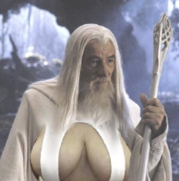 an image of gandalf with big ta-ta's photoshopped onto him