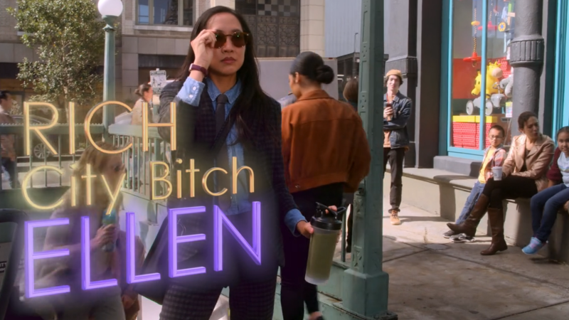 Ellen from HIMYF leaves the subway and puts sunglasses on, text that says Rich City Bitch ELLEN appears in front of them.