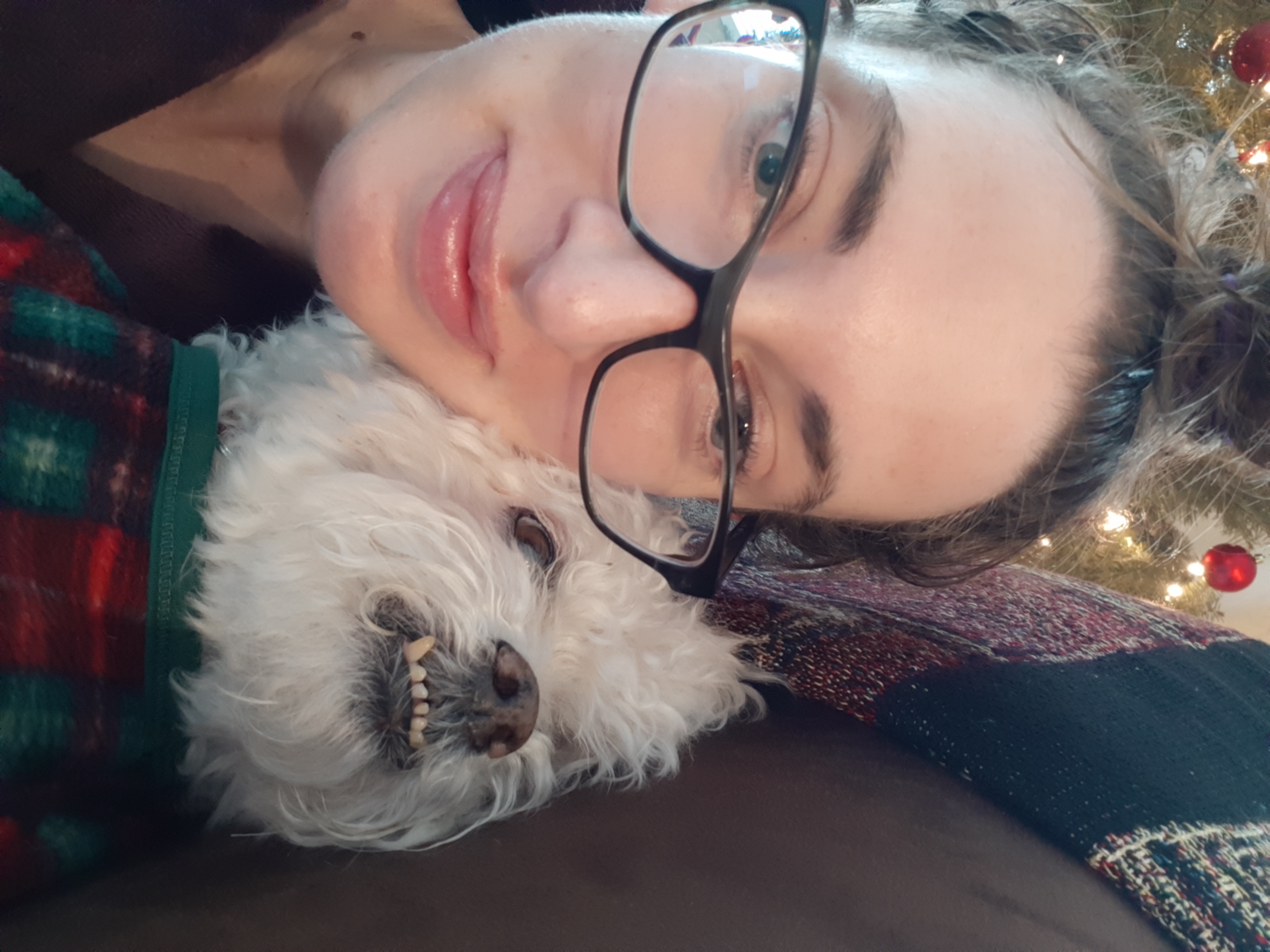 casey with an adorable floofy dog baring its tiny silly little under teeth. Casey is a white woman with glasses. this photo is just really cute. they are smushed on the couch.